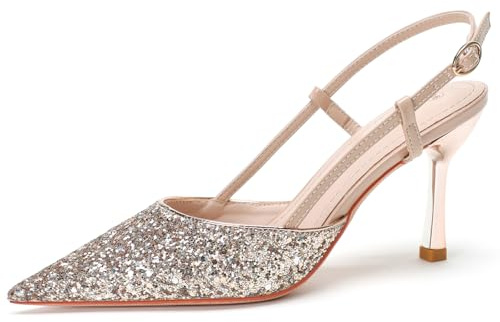 Champagne,33 EU,Donne Tacco Alto Sandali Slingback Punta Affilata Stiletto Glitter Cinturino Regolabile Schiena Aperta Comfort Ammortizzazione Festa Matrimonio Ufficio