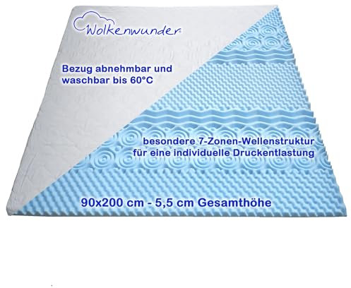 Wolkenwunder Topper Perfect Protect 90x200 cm 7-Zonen-Wellenstruktur | individuelle Druckentlastung | Bezug waschbar bis 60 Grad | Oeko-TEX® 100