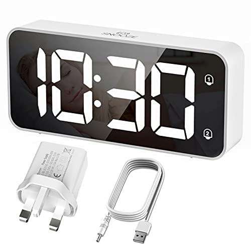 HERMIC Digital Alarm Clock With Large LED Display, Full-Range Brightness Dimmer, Adjustable Volume, Snooze, Dual Settings, 12/24H, Easy to Use Mains Powered White