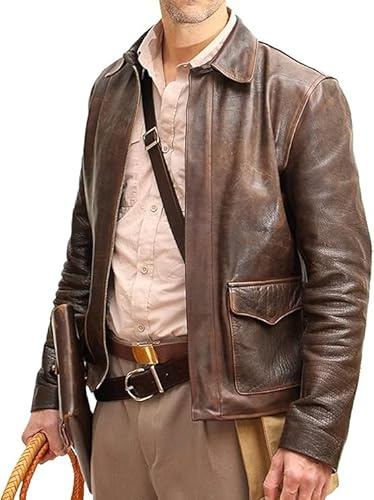 Jorde Calf Raiders of The Lost Ark Indiana Jones Harrison Ford Giacca bomber vintage marrone da uomo in vera pelle bovina, Marrone, XL
