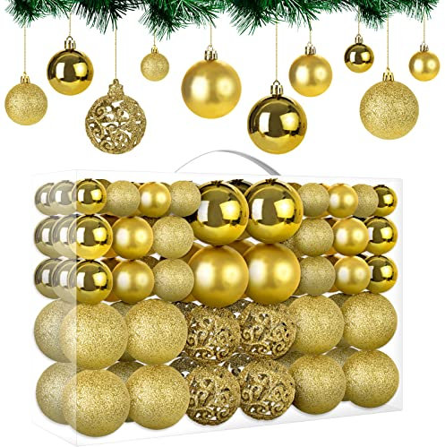 MTSCE Palline di Natale Oro 100 Pezzi da 10 Tipi, Palle Albero di Natale Rosse Decorazioni, Addobbi Natalizi, Plastica Infrangibile, Riutilizzabile