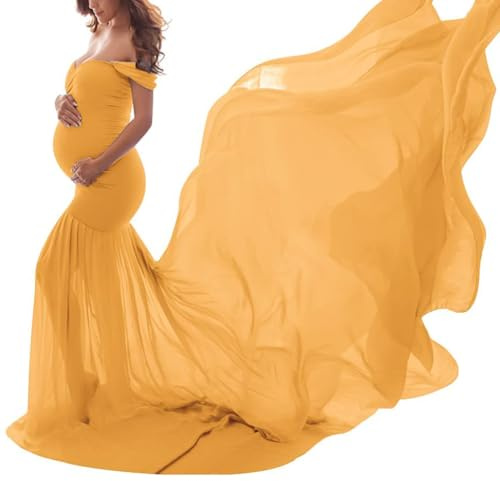 shownicer Robe de Maternité Tulle Robe de Grossesse sans épaule Séance Photo Maternité Maxi Robes Accessoires de Séance Photo Femmes Enceintes A Jaune Taille Unique