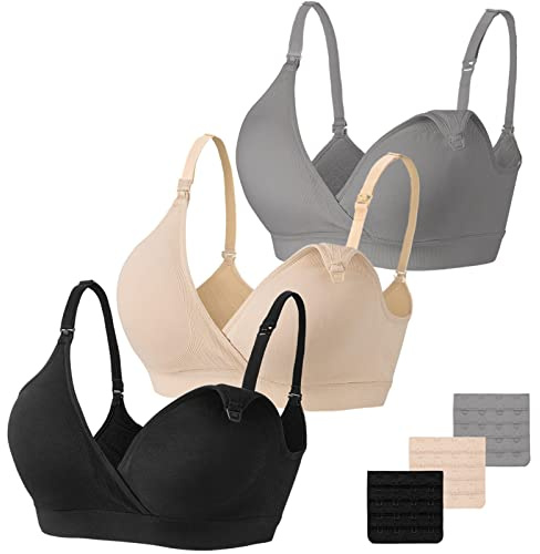 Vinfact Nursing Bra 3 Pack Seamless V Neck Maternity Bra Women Pregnancy Breastfeeding Bra Black/Nude/Grey XXL