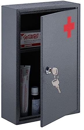 Relaxdays Armadietto Pronto Soccorso per Medicinali, Cassetta con Chiusura di Sicurezza, 32x21,5x9,5 cm, Grigio Rosso