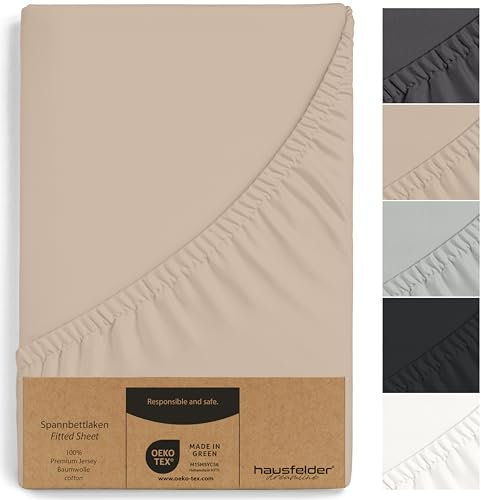 Hausfelder Boxspringbett Spannbettlaken 180x200 bis 200x200 cm, bis 40 cm Matratzenhöhe, Jersey Baumwolle Bettlaken für eine 180x200cm bis 200x200cm Bett Wasserbett Matratze, Beige