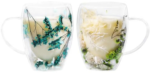 LeKuni Confezione da 2 bicchieri da latte macchiato con fiori secchi, da 350 ml, a doppia parete, per cappuccino a doppia parete, per tè, gelato, tè freddo, Iced Americano, blu e verde