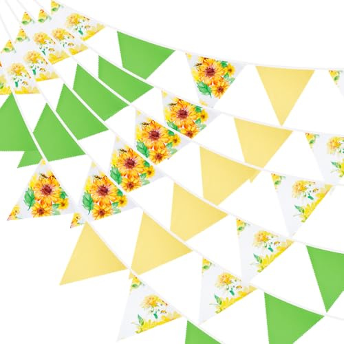 G2PLUS 12m Bee and Sunflower Fabric Bunting, 42PCS Yellow Green Fabric Bunting Garland, Easter Decoration Bunting Banner for Spring Summer Home Outdoor Garden Decor