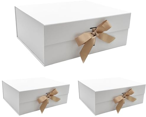 Tekhoho 3-pack vit stor presentask 33,5 x 27 x 12,5 cm, premium presentförpackning med magnetlås och presentband för helgdagar, bröllop, födelsedag, presentförpackning, rutat foder
