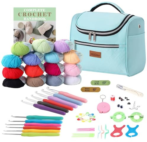 Knitiss Crochet Kit for Beginners Adults, Complete Starter Set with 15x30g Yarn Skeins, 2mm-8mm Ergonomic Metal Hooks, Storage Case