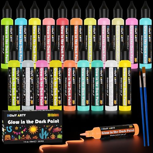 HOMY ARTY Nachtleuchtende Farben 20×30ml, Textilfarbe Farbe 3D Wasserfest, Glow in the Dark Farben für Halloween und Weihnachten, Fluoreszierende Farbe Klebestift für Steine, Leinwände