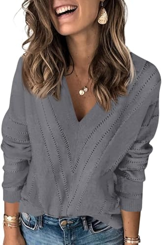 Fisoew Femme Pull en tricot Oversized Col en V Pull tricoté à rayures Manches longues Découpé Pull Sweat, gris, XL