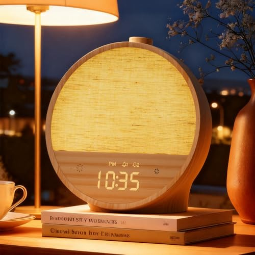 Vivilumens Reloj despertador de grano de madera, máquina de sonido de luz de despertar suave, alarmas dobles para personas que duermen mucho, sonidos naturales, luz de estado de ánimo RGB, lámpara de