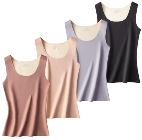 AOOPOO Lot de 4 Maillot de Corps Thermique Femme Débardeur d'hiver Chaud Col en U Chemise Thermique sans Manches en Brossé Double-Face sous-vêtements Thermiques Hiver Hauts pour Femmes, XS-XL