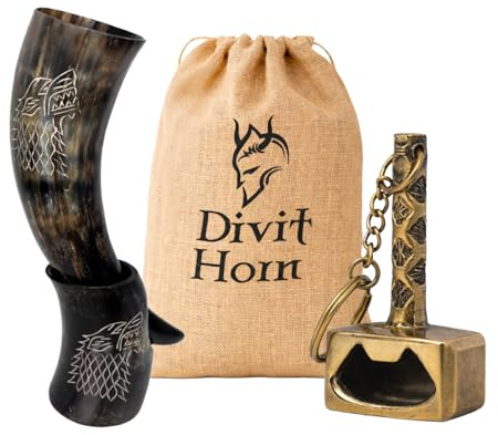 Divit Horn Cuerno de cerveza vikingo auténtico con soporte de hierro, cuerno de cerveza medieval, 450 – 500 ml, adornos de latón y bolsa de yute incluidos (Wolf Engraved Horn & Brass Hammer Opener)