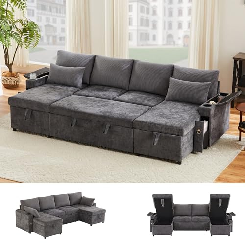 Divano angolare a forma di U in tessuto a coste con letto per ospiti estraibile, moderno divano a 4 posti con vano contenitore, portabicchieri e funzione letto, seduta chaise longue, 150 kg, grande