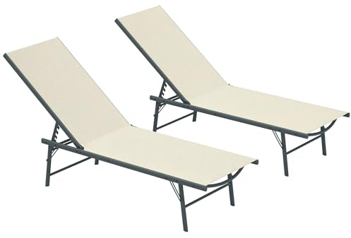Outsunny Lot de 2 Bain de Soleil, Chaise Longue Pliante en textilène, transat Jardin extérieur inclinable de Plage, Relax, Camping, Piscine, terrasse, 54 x 164 x 84 cm, crème