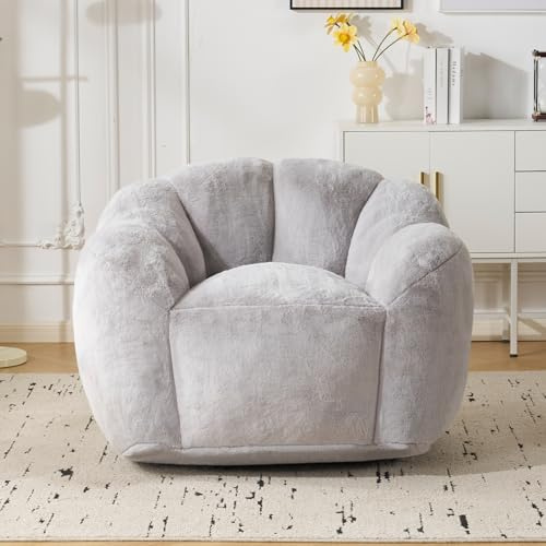 Fiximaster Pouf pour Adulte avec Rembourrage, Pouf en Forme de pétale, Grand Pouf en Fourrure synthétique, Fauteuil de Salon Confortable, Mousse Haute densité, Chambre à Coucher, Salon (Gris Clair)