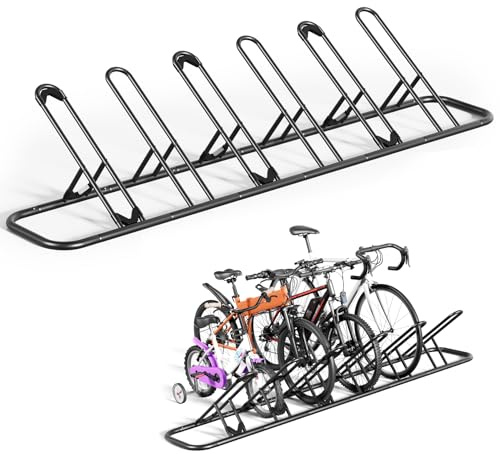 Mr IRONSTONE Floor Bike Rack for Garage, Indoor Outdoor Bicycle Storage Stand, Bike Parking Rack for Mountain, Road & Kids Cycles (Black, 6-Slot)