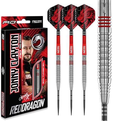 RED DRAGON Dartar - Jonny Clayton Original 2.0 | 23g | 90% Wolfram - Professionella dartpil med metallspets Set - Innehåller Steeldarts pilar, flyg och skaft | Professionell spelare Edition