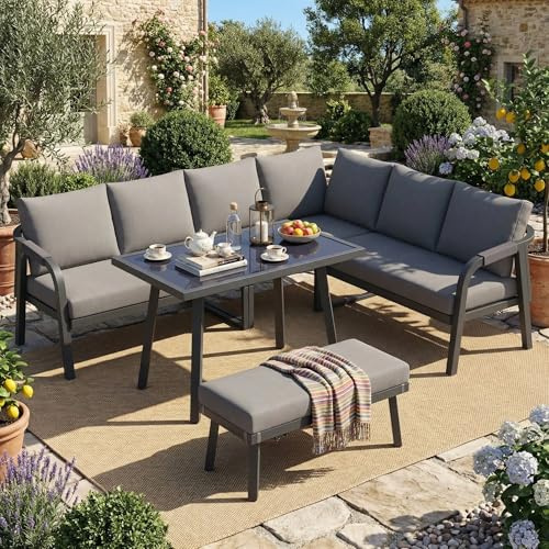 Salon de jardin pour 6-8 personnes,Canapé d'angle extérieur avec table basse,Accoudoirs et dossiers en corde tressée,Ensemble canapé d'angle extérieur avec 1 banc et table,Acier galvanisé,Gris