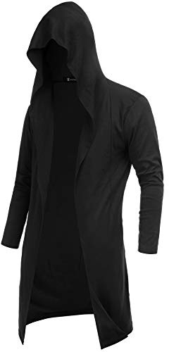 RAGEMALL Mens Long Cardigan Open Front Draped Lightweight Hooded Sweater with Pockets, Black, XL