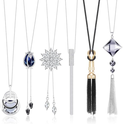 Jstyle 6Pcs Women Long Sweater Necklace Silver Plated Rhinestone Flower Tassel Pendant Neckace Jewelry Women Gifts