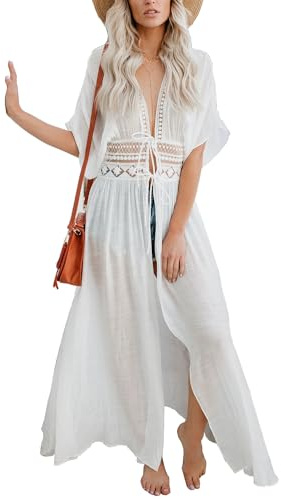 LikeJump Femmes Cotton Bohème Kimono Grande Taille Cardigan Pareo Maillot de Bain Cover Ups Transparent Plage Robe