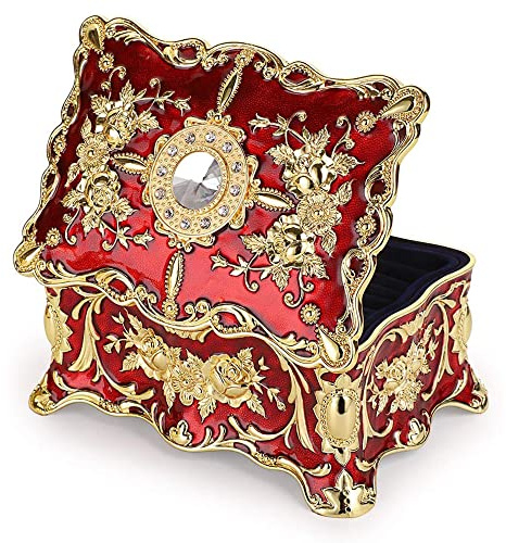 LSLANSOON Vintage Jewelry Box Rococo Style Storage Organizer Decorative Treasure Chest Case (Small, Red-Gold)