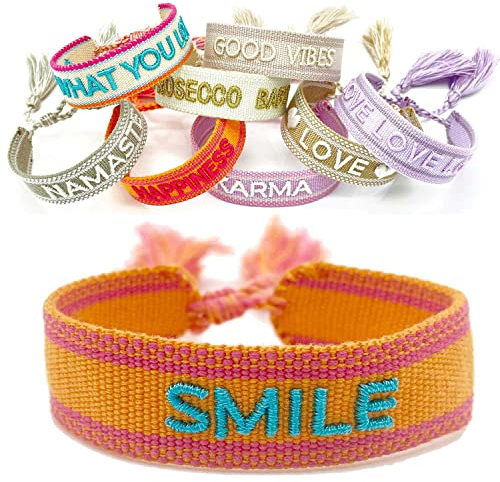 LS-LebenStil Exklusives Statement Armband - das Original - (Smile Orange Türkis 16-20cm Quasten besticktes Boho Canvas Webarmband Damen Freundschaftsarmband Geschenk gewebt textil Stoffarmband