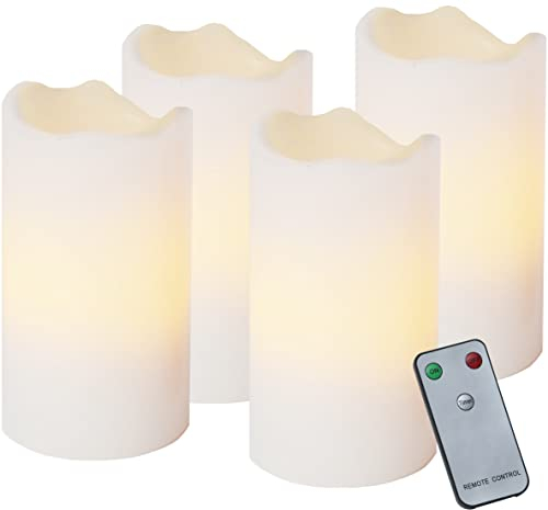 EGLO 4er Set flackernde LED Kerzen, künstliche Stumpenkerzen flammenlos mit Timer-Funktion und Fernbedienung, batteriebetriebene Wachskerzen aus Echtwachs in Weiß, warmweiß, 10 cm