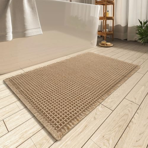 AMOAMI Upgraded Waffle Bath Mat, Super Absorbent Non Slip Bath Mats for Bathroom Floor, Machine Washable Bathroom Rugs with Tassels, Rubber Backed Bathroom Mat, Ultra Soft, Brown, 24 x 36