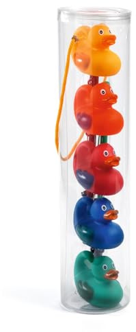 DJECO Jeu d'adresse Pêche aux Canards Arc-en-Ciel - Dès 2 Ans - 5 Canards Colorés, 2 Cannes à Pêche - Développe la motricité - PVC durable - Pour le bain - Insubmersibles