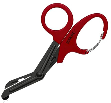 Trauma Shears with Clip, First Aid Scissors, Nurse Scissors, 19cm, Red | Carabiner Clip, Non-Stick Fluoride-Coated Serrated Blade, Blunt Safety Tip, Paramedic Scissors, Bandage Scissors