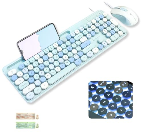 X9 Wired Keyboard and Mouse Combo with Backlight - Silent Round Keycaps, Phone/Tablet Dock, 109 Fullsize Keys, Cute Colorful Blue Keyboard, Aesthetic and Pastel Keyboard for Laptop, PC and Chrome