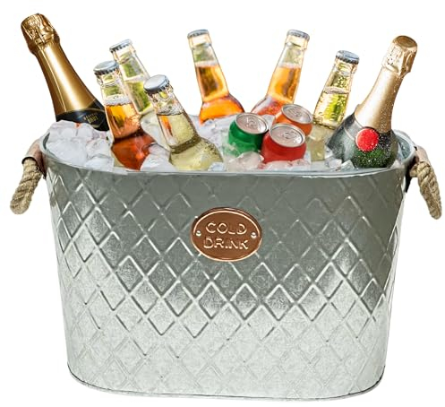 Elex 2 x 4L Glass Drinks Dispenser with Taps and Metal Stand and 24L Cold Drinks GALVANISED Steel Oval Tub Outdoor ICE Bucket Cooler | Beverage Beer Drink Pail Cocktails Parties (24L Drinks Tub)