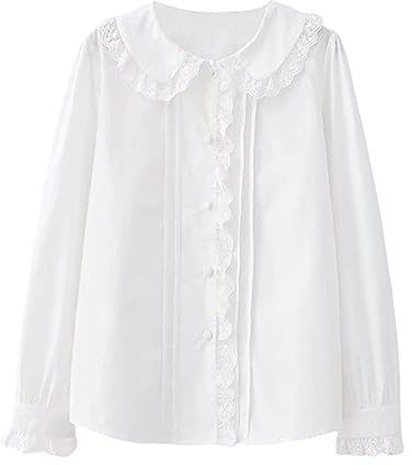 Women's Lolita Long Sleeve Blouses Sweet Lace Peter Pan Collar Button Down Blouse Solid Vintage Shirt Tops (UK, Alpha, L, Regular, Regular, White)