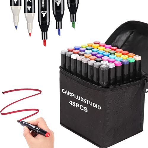CarPlusStudio Filzstifte - 48 Farben Kunst Marker, Alkohol Marker Färbung Dual Tip Künstler Stifte Set für Studenten, Manga Künstler, Zeichnung, Skizzieren, Unterstreichen, Illustration, Malerei