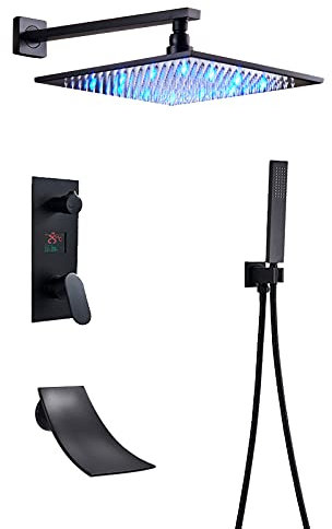 Handhe Système de douche noir avec pommeau de douche à LED à écran numérique, ensemble de robinet de douche mural avec bec cascade, 20,3 cm