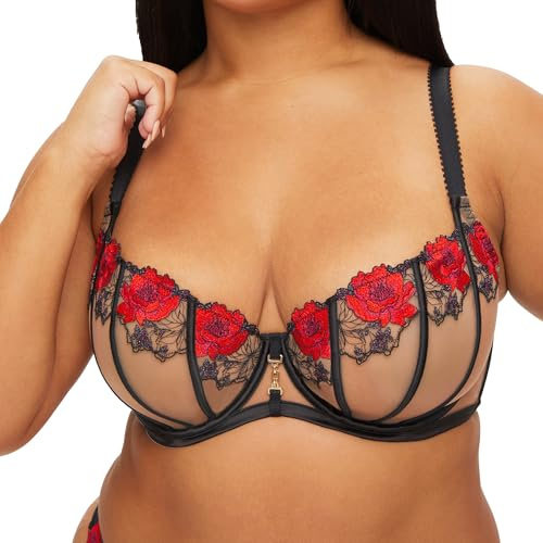 Ann Summers Caged Rose Non-Padded Fuller Bust DD+ Balcony Bra Black & Red Sheer Mesh, DD-G Cup, Embroidered Womens Underwear Stylish & Supportive Bra - Womens Lingerie