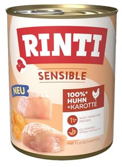 RINTI - Sensible | Nassfutter für Sensible, ausgewachsene Hunde mit natürlichen Fleischstücken. Getreidefreies Alleinfutter in der Dose ohne künstliche Zusätze | 6x800g Huhn + Karotte