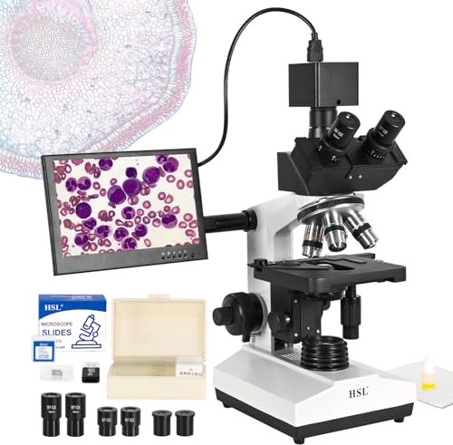HSL 8-inch LCD Compound Trinocular Microscope,40x-2500x Professional Biological Microscopes for Adults Laboratory,2K Camera Digital Microscope LED WF10x and WF25x eyepieces ABBE Condenser