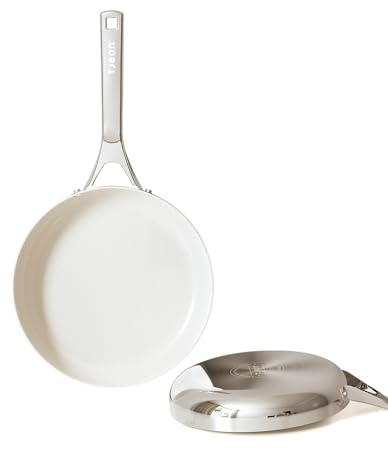 Tjean Sartén de cerámica antiadherente de 26 cm para inducción/gas/eléctrica, sin PFTE/PFOA/PFAS, mango de acero inoxidable, apto para horno hasta 280 °C, color crema
