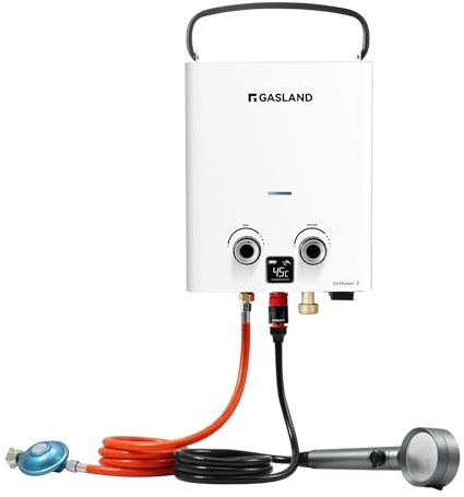 GASLAND G5-DE Calentador de agua de gas, propano/butano (50 mbar) para exteriores, calentador de agua caliente con batería recargable incorporada, ducha caliente para camping