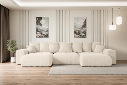 ALTDECOR Ecksofa mit Schlaffunktion und Bettkasten Corner Sofa Eckcouch Couch U-Form universal, Links/rechts angeordnet Schlafcouch Ausziehbar Wohnlandschaft Eskar-U -364x176x72cm Beige
