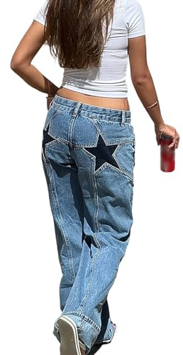 Sawmew Jeans Larghi da Donna Jeans da Ragazzo a Vita Bassa Pantaloni Vintage Y2k Pantaloni in Denim a Gamba Larga Dritti con Patchwork Stampato Pantaloni Streetwear da Donna Pantaloni Casual(Blue2,M)