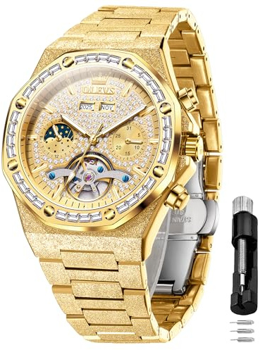 OLEVS Automatic Watch for Men 44MM Large Dial Frosted Gold Octagon Self-Winding Diamond Waterproof Stainless Steel Wrist Watches Tourbillon Skeleton Mechanical