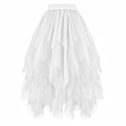 JASGOOD Women's Tulle Skirt High Low Layered Irregular Ladies Elastic Waist A-Line Midi Ballet Skirt for Prom Party Daily, White, S