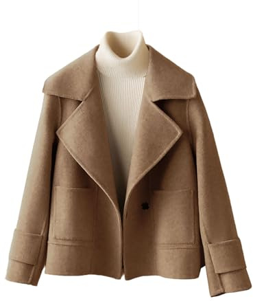 utcoco Womens Short Wool Pea Coat Notched Lapel Cropped Woolen Trench Coat with Pockets (Medium, Light Brown)