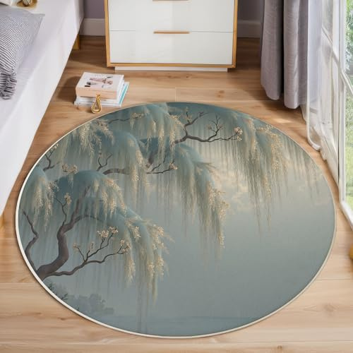 JEDTAKCT Salice In Stile Cinese Tappeto Rotondo Salotto, Paesaggio Lacustre Morbido Pelo Corto Tappetini Antiscivolo Tappeti Per Bambini Cameretta Cucina Casa Zona Tappet Tavolino, 100 Cm, Grigio-Blu