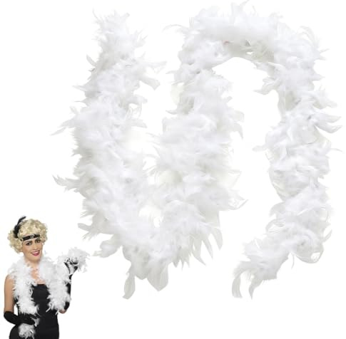VRYNDH Boa plumas blanca,Damas del jazz, carnaval, fiestas temáticas,2 metros de largo,accesorios de los años 20 para mujer Plumas blanca